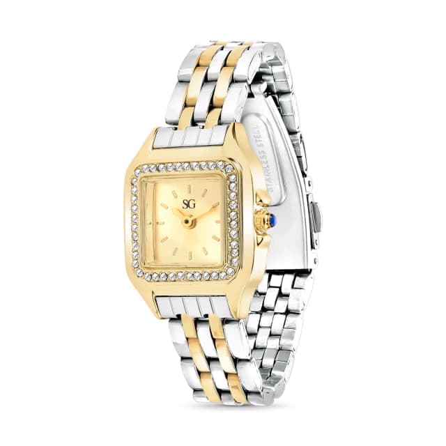 Relógio Feminino Quadrado Boxy Diamond Bicolor Dourado e Prata com Cristais Cravejados